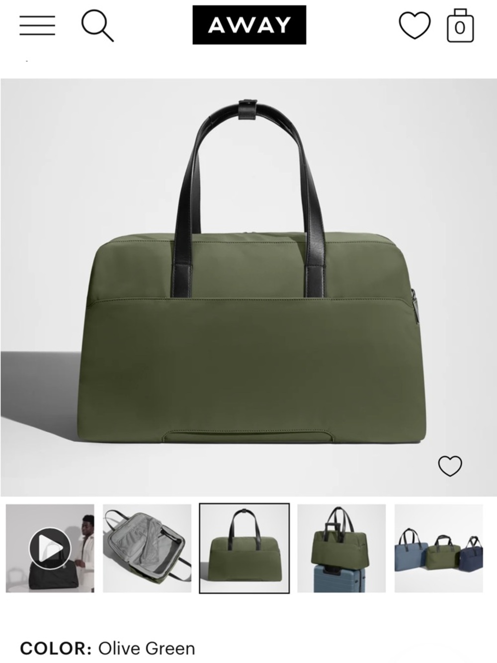 NWOT Away The Overnight Bag in Olive Green
